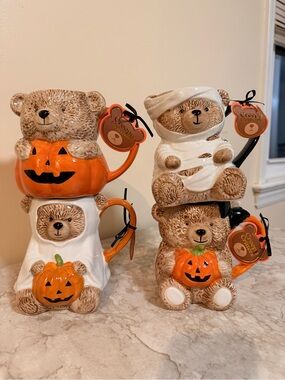 Halloween set of 4 mug bundle creepy critters mummy , pumpkin, ghost teddy bears